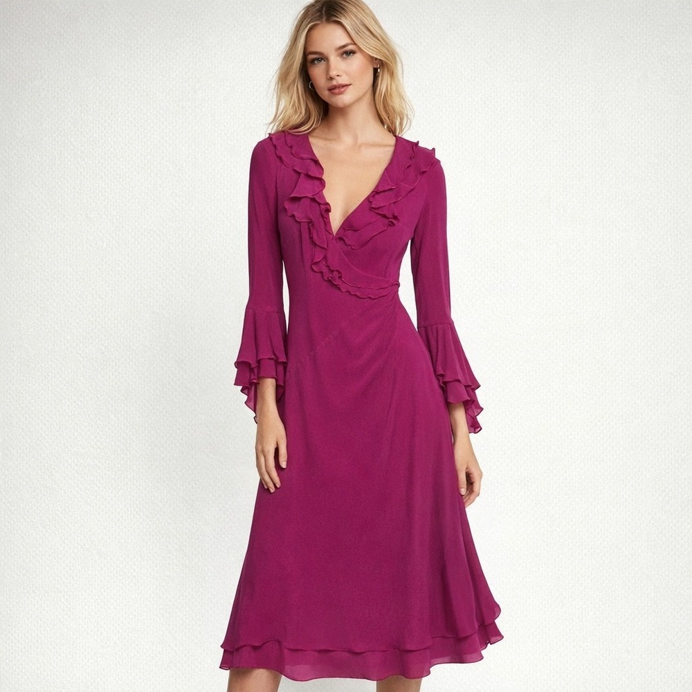 Express Silk Wrap Dress Women 5/6 Pink Ruffle Bell Sleeve Y2K Romantic Fairycore